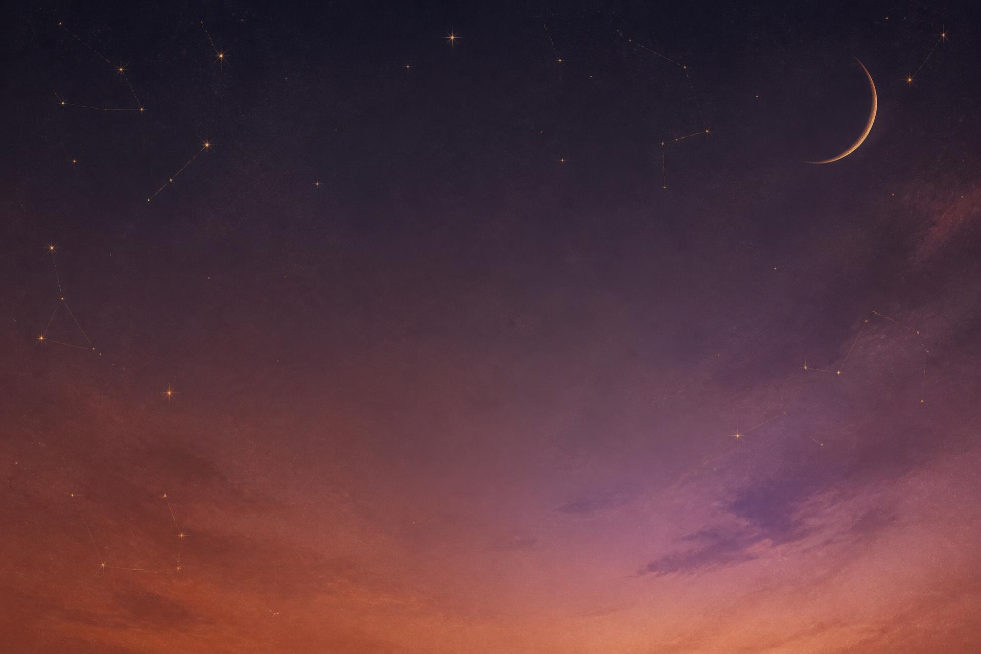 Cielo nocturno con constelaciones doradas y luna creciente